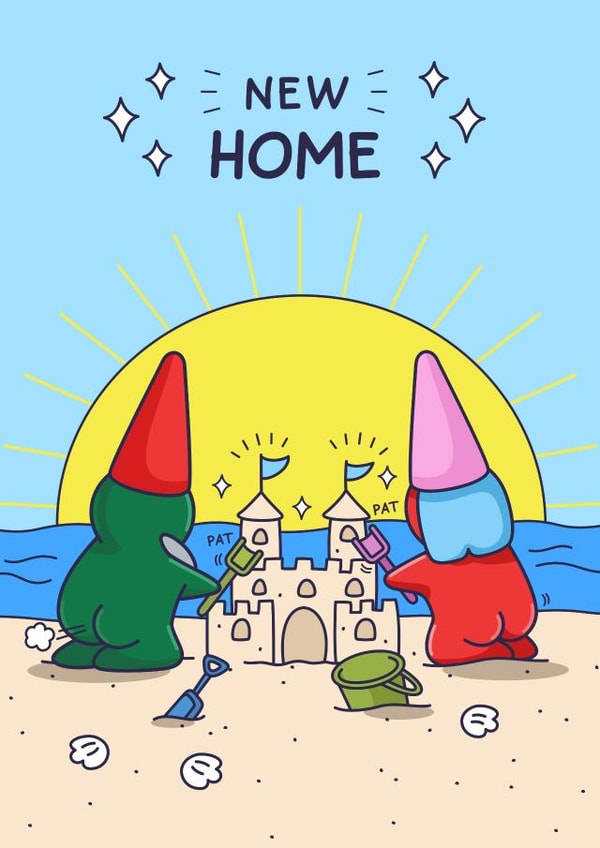 Funny New Home Card - Cheeky Gnomes - Sandcastle created by Cheeky Legends