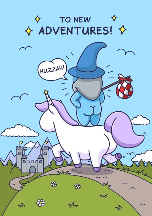 Funny Leaving Card - New Adventures - Wizard and Unicorn created by Cheeky Legends
