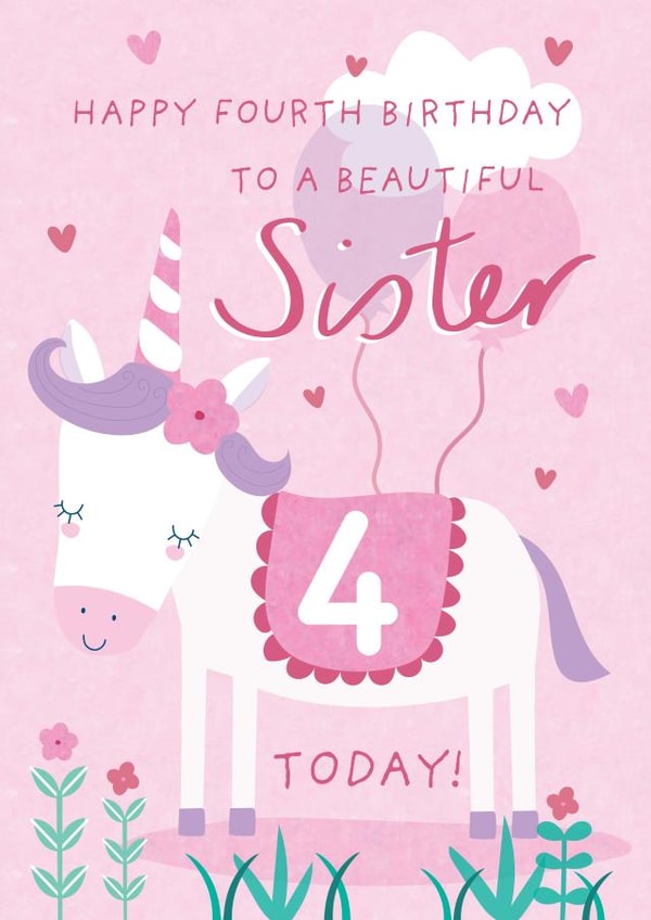 Cute 4th Birthday Card - For Sister - Unicorn created by Juniper and Rose Studio