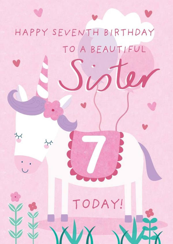 Cute 7th Birthday Card - For Sister - Unicorn created by Juniper and Rose Studio