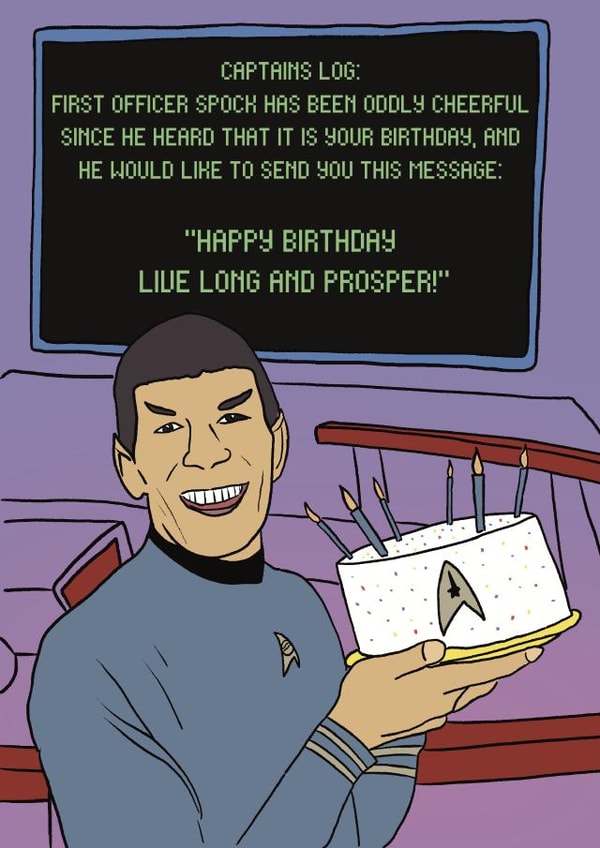 Cute Birthday Card - Spock - Star Trek -Sci fi - Spock Holding Birthday Cake created by Ryuki Comics