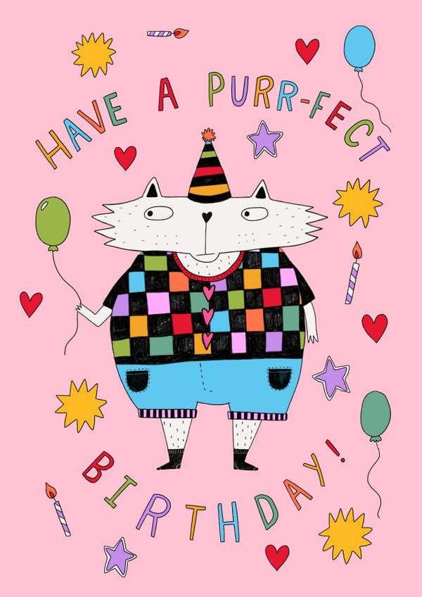 Cute Birthday Card - Have a Purr-fect Birthday - Cat created by PonkyWots