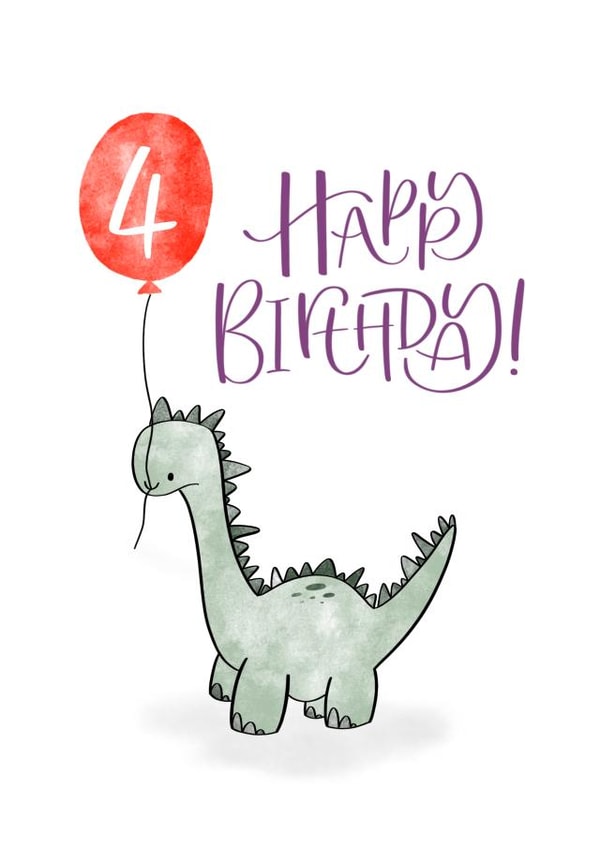 Cute 4th Birthday Card - Cartoon Dinosaur created by Magpie Designs UK