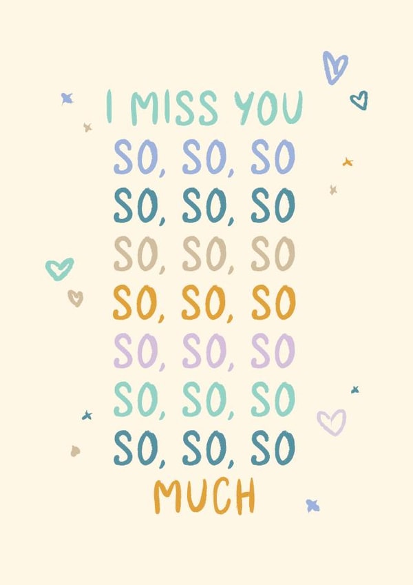 Classic Miss You Card - So So So So Much - Playful Type and Doodles created by Rebecca Prinn