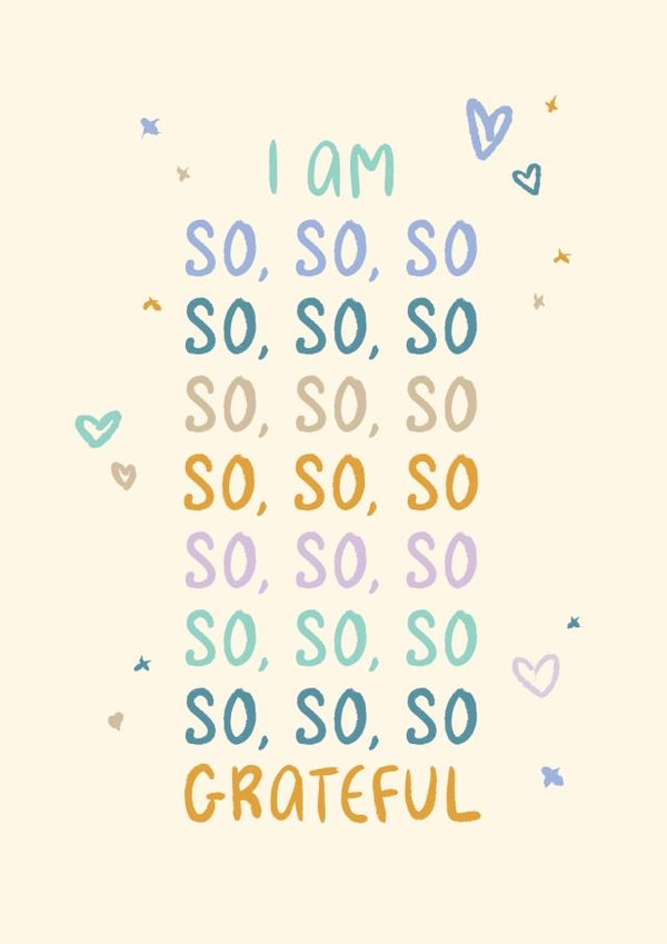 Classic Thank You Card - So So So So So Grateful - Playful Type and Doodles created by Rebecca Prinn