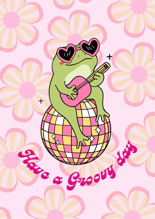 Cute, groovy girls' card. Frog on a disco ball. Retro, Flower Power created by Mila&meDesignS