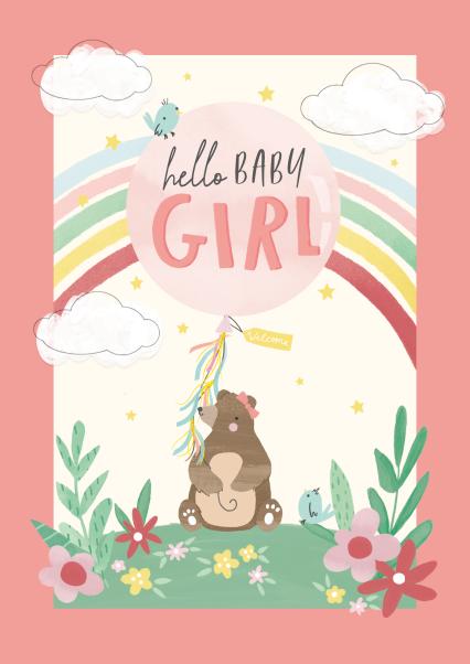 Cute New Baby Girl Card – Bear with Balloon card