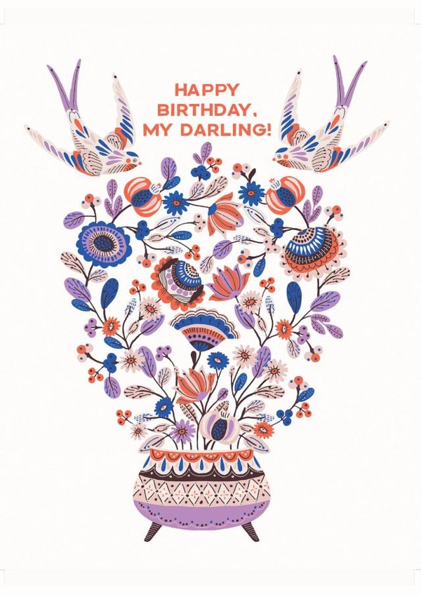Retro Scandi Style Birds and Flowers - Birthday Card for Friends and Loved Ones created by THE PRINTED SQUARE STUDIO