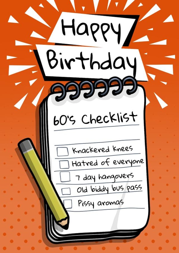 60th Birthday Card | Funny 60 Card | 60’s Checklist | Rude Birthday Card created by Millstones & Moor