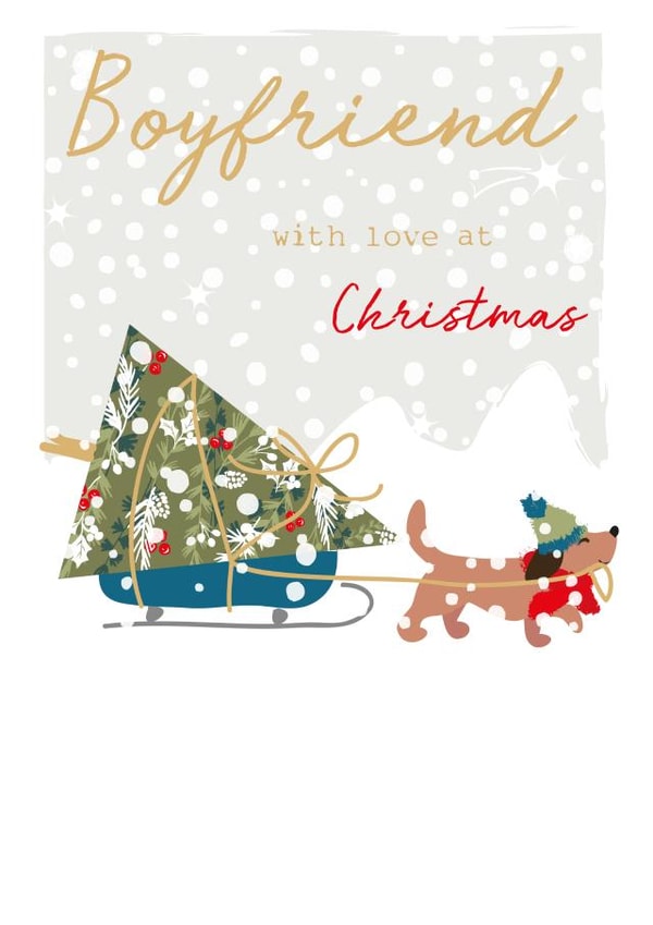 Classic Christmas Card - For Boyfriend - Cute Dog with Christmas Tree and Sleigh created by SABIVO Design by Sabina