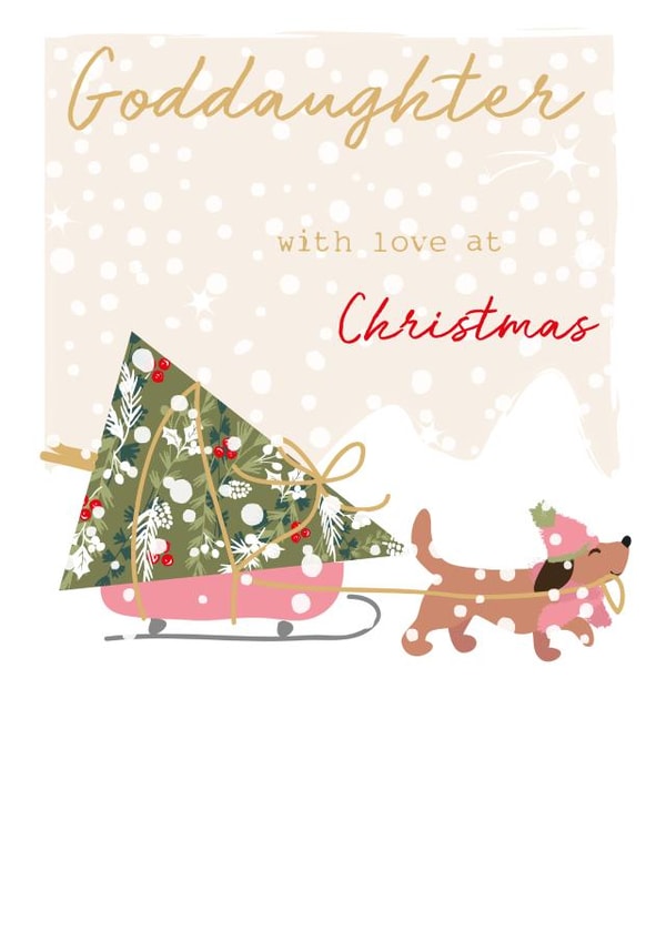 Classic Christmas Card - For Goddaughter - Cute Sausage Dog with Tree on Sleigh created by SABIVO Design by Sabina