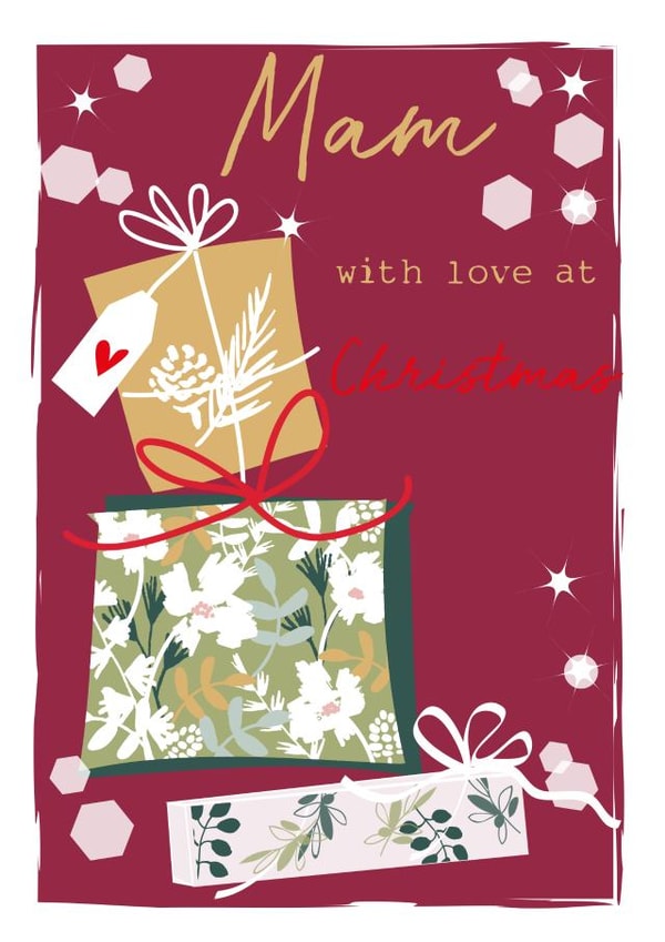 Classic Christmas Card - For Mam - Presents with Berries and Winter Flowers created by SABIVO Design by Sabina