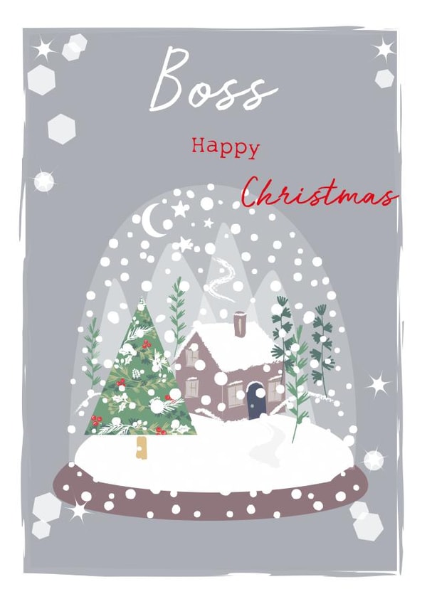 Classic Christmas Card - For Boss - Cute Mountain House in a Snowy Snowglobe created by SABIVO Design by Sabina