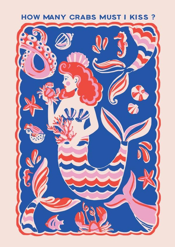 Arty Friendship Card - For Her - Single - Mermaid Kissing Crabs created by THE PRINTED SQUARE STUDIO