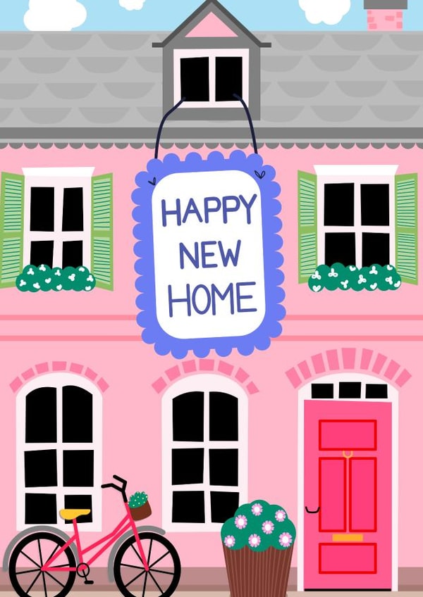 Cute New Home Card - Pink House With Bicycle created by EllaBellaBlue