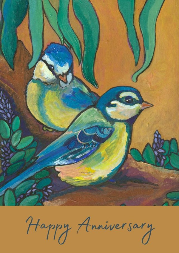 Cute anniversary card for husband or wife - blue bird couple - nature inspired created by Plant Based Paintings