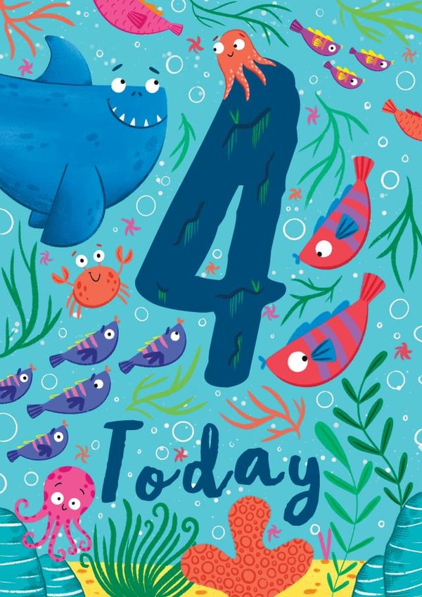 Cute 4th Birthday Card - 4 Today - Underwater Fish created by Hannah Jayne Lewin
