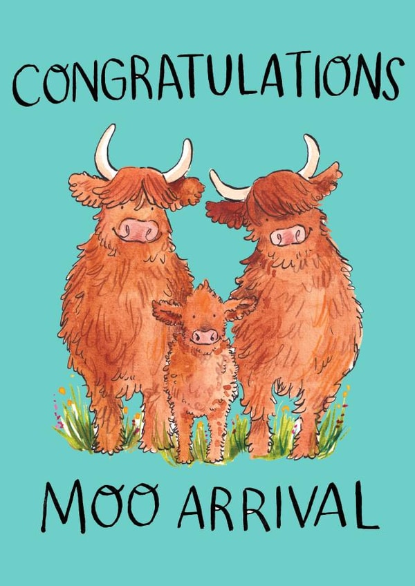 Cute New Baby Card - Highland Cow - Moo Arrival created by Jelly Armchair