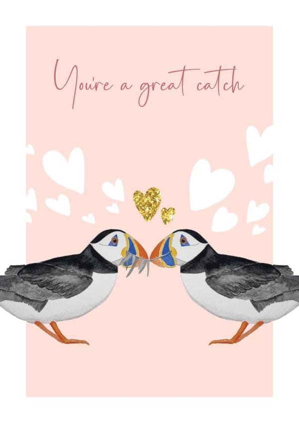 Cute anniversary card - Puffins - You're a great catch created by Heather Trefusis Art