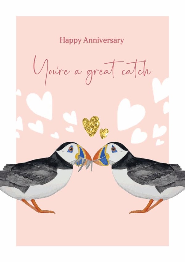 Cute anniversary card - Puffins - You're a great catch created by Heather Trefusis Art