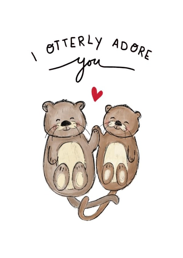 Cute Anniversary Card - I Otterly Adore You - Otters created by Ruthie Greed