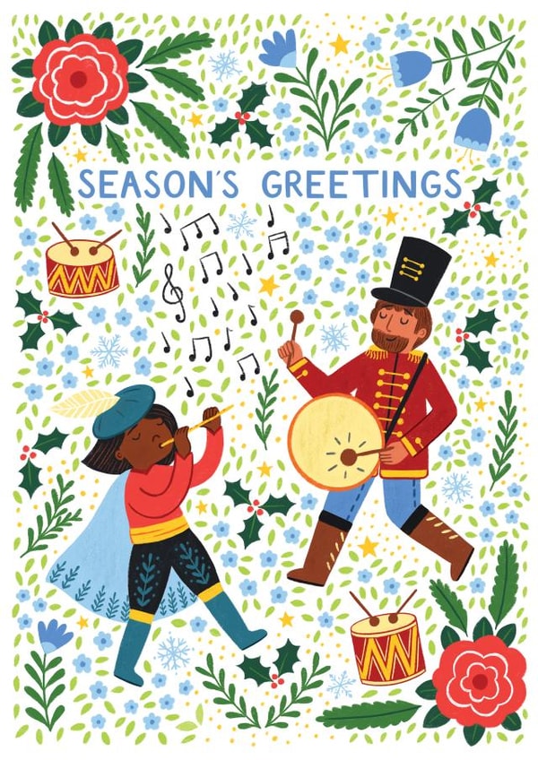 Pretty Christmas Card - Twelve Days Of Christmas - Pipers Piping & Drummers Drumming created by Pear Tree Press