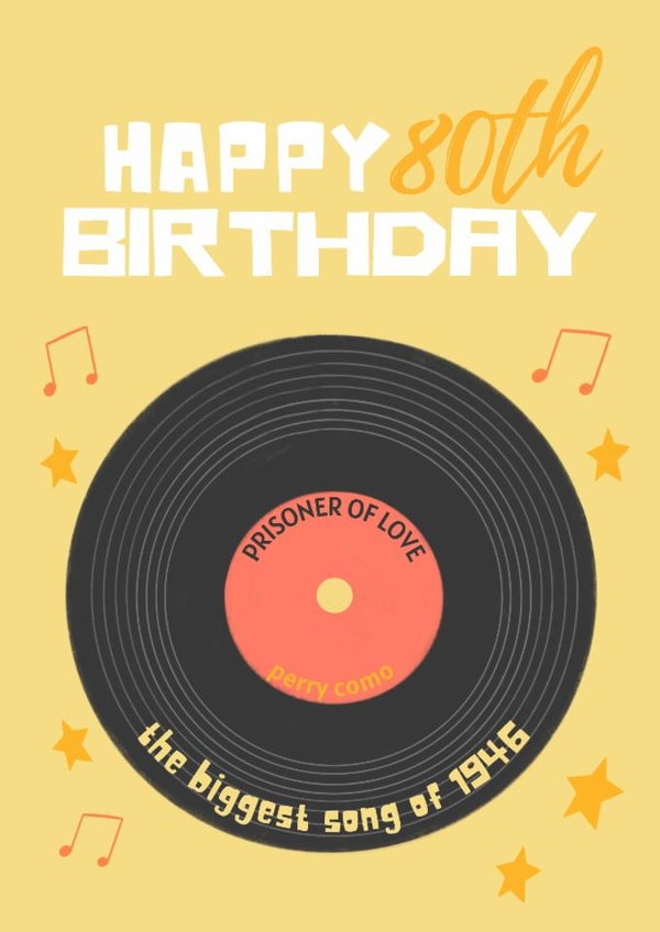 Classic 80th Birthday Card - Music - 1946 created by Sian Moore Illustration