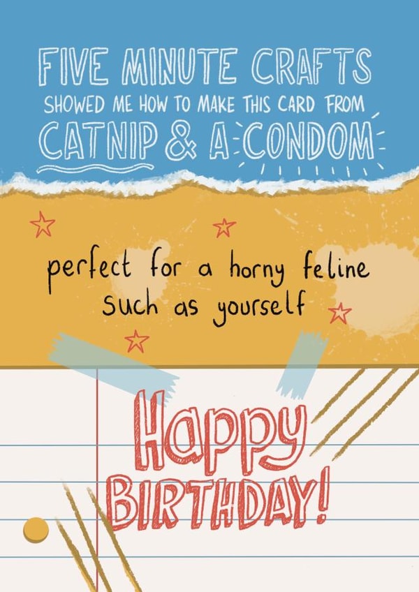 Funny Birthday Card For Friend - Horny Feline - Five Minute Crafts created by Tommy Blue Illustration