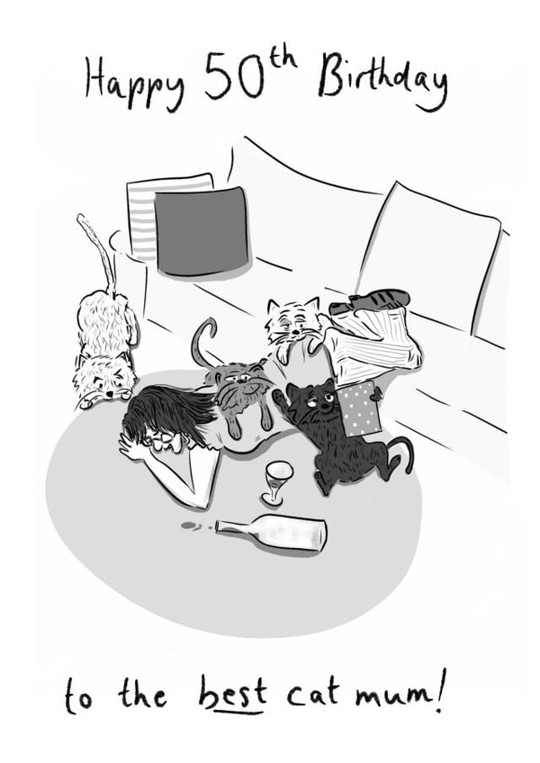 Funny Birthday Card - 50th - Cat Mum - From the Cats - Wine created by Kathryn Doodle Player