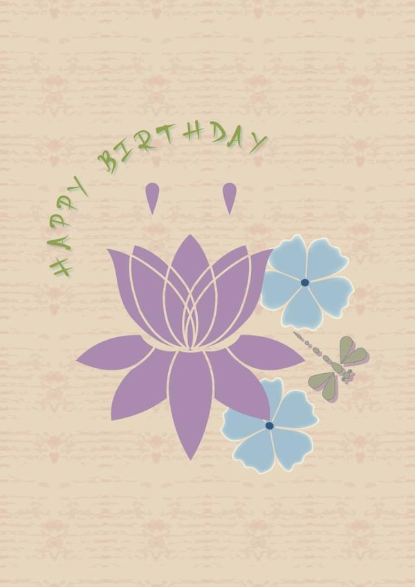 Natures elegance, Happy Birthday card with a waterlily, petals and a dragonfly! created by May Annella