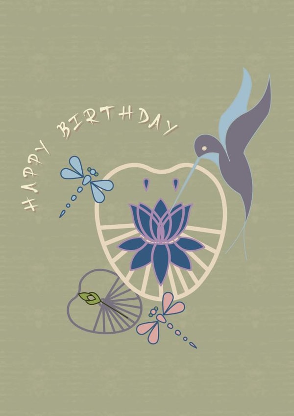 Happy Birthday card, with Hummingbird, Lily Pad, Dragonfly, and Waterlily! created by May Annella