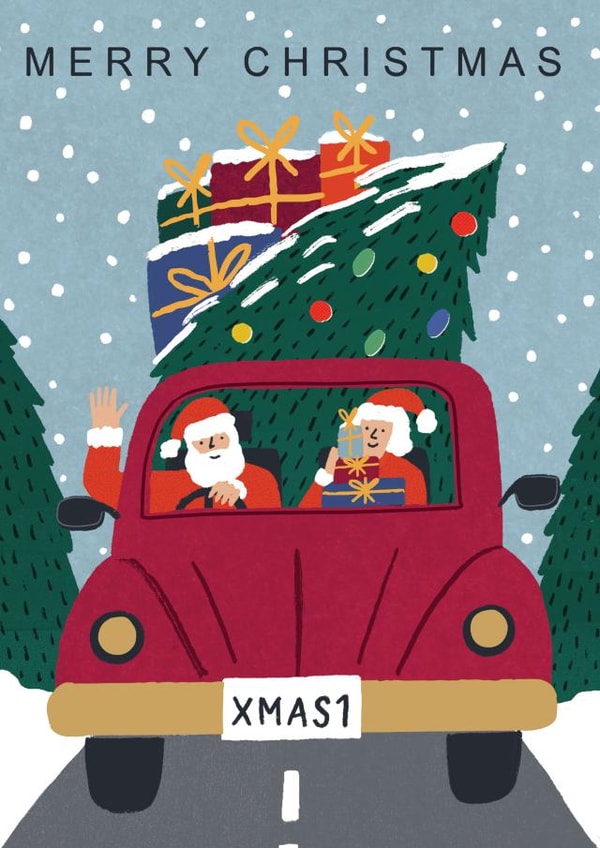 Retro Christmas Card - Santa & Mrs Claus - Driving Home For Christmas created by Laura Darrington Design Ltd.