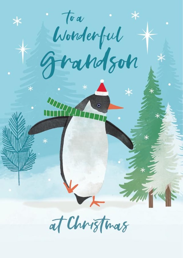 Classic Christmas Card - For Grandson - Penguins created by Laura Darrington Design Ltd.