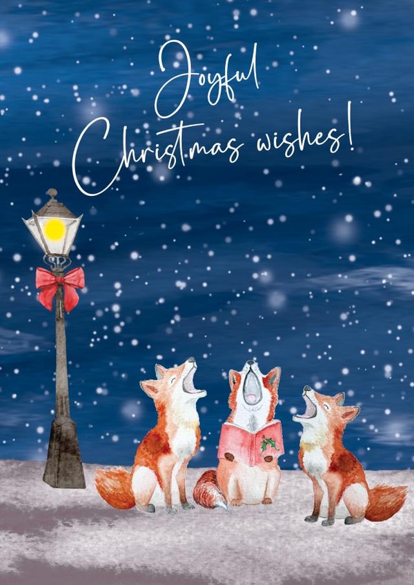 Classic Christmas Card - Foxes Singing - Joyful Christmas Wishes! created by Heather Trefusis Art