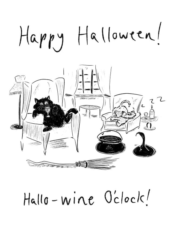 Cute Halloween Card - Cats - Hallo-Wine O'Clock! created by Kathryn Doodle Player