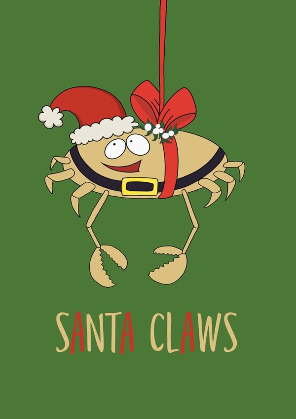 Funny Christmas Card - "Santa Claws" - Crab in Santa Hat Pun created by JoyGreets
