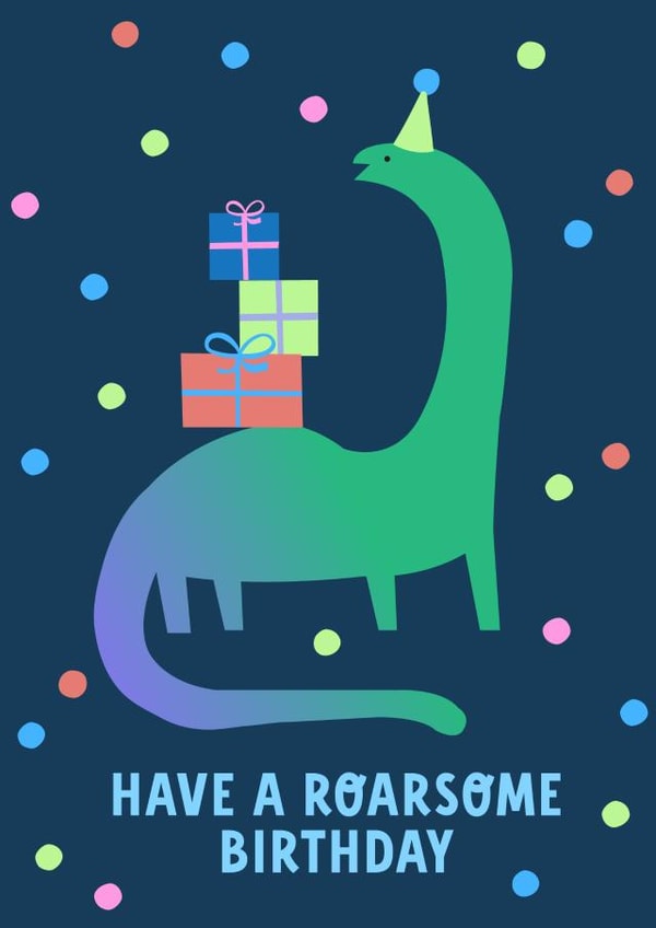 Cute Birthday Card - Dinosaur In Party Hat - Roarsome - Pun created by Catalina Williams