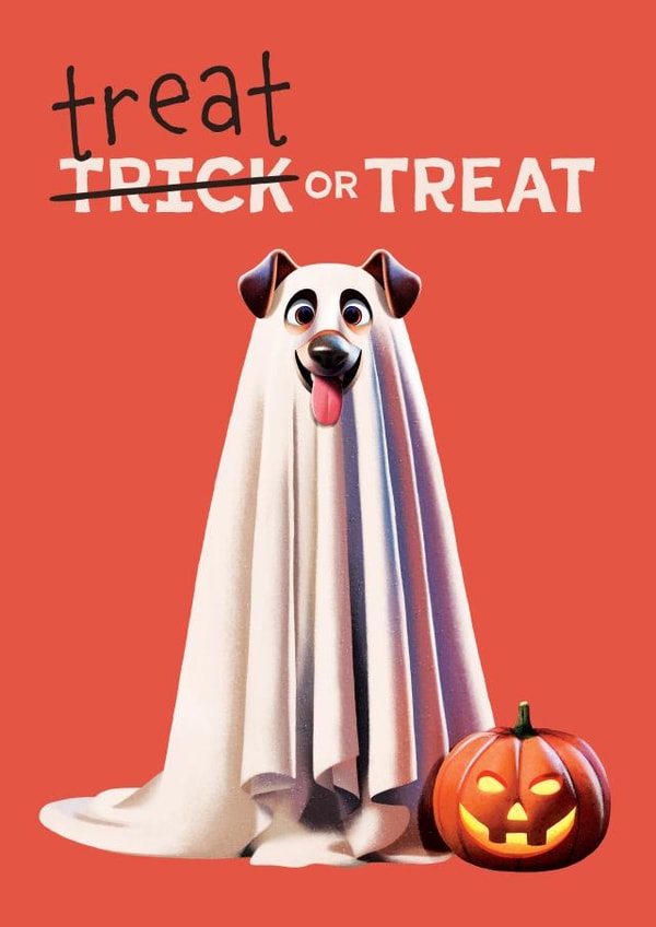 Funny Halloween Card - Treat or Treat - Dog Ghost created by Folio | Ian Owen
