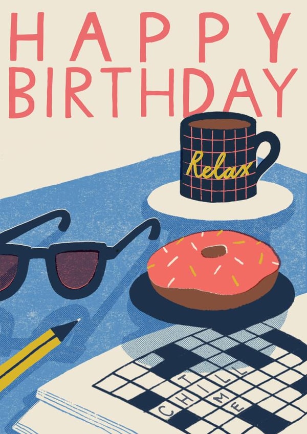 Arty Birthday Card - For Him - Donut & Crossword - Chill Time created by Laura Darrington Design Ltd.