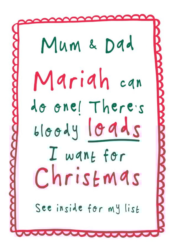 Funny Christmas Card - For Parents - Christmas List - Mariah Carey created by Bow & Bell
