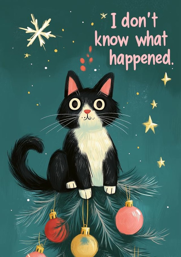 Funny Christmas Card - Tuxedo Cat - Mischievous created by Koro Cinco