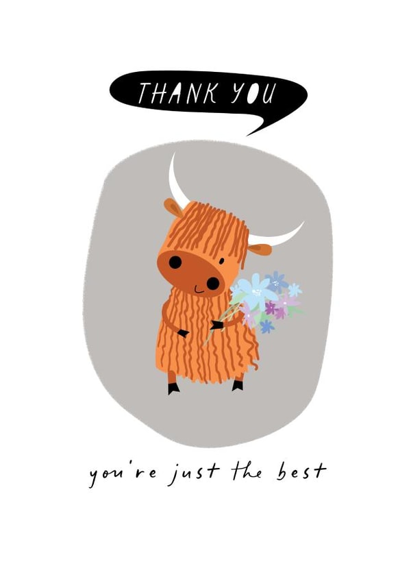 Cute Thank You Card - Highland Cow - Flowers created by Pink Pig