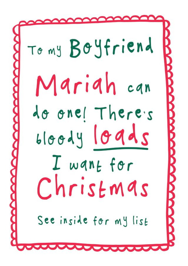 Funny Christmas Card - For Boyfriend - Christmas List - Mariah Carey created by Bow & Bell