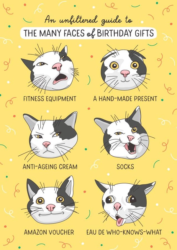 Funny Birthday Card - Cats - The Many Faces Of Birthday Gifts! created by Evie Garnett Designs