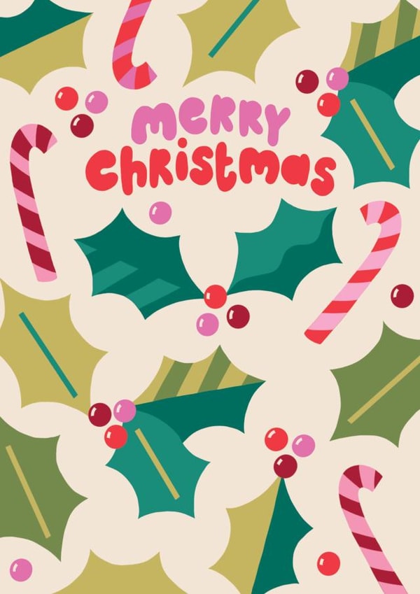 Fun Christmas Card - Colourful Holly & Candy Cane Pattern - Merry Christmas created by Raspberry Blossom
