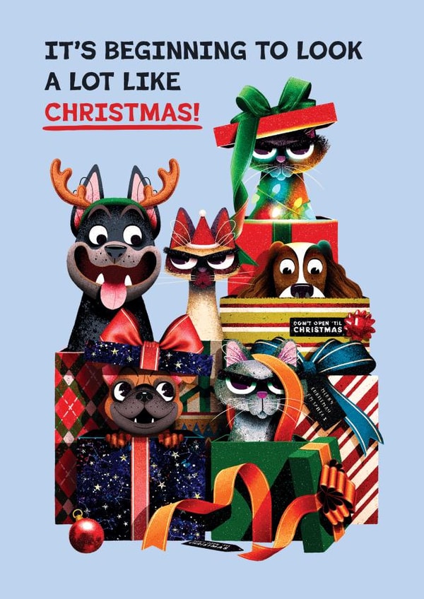Funny Christmas Card - Cats And Dogs - Presents created by Folio | Ian Owen