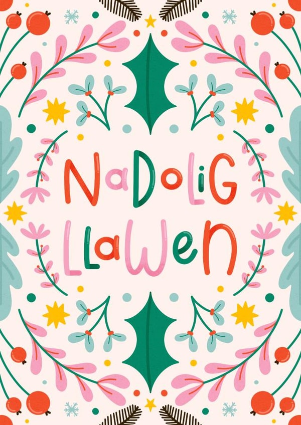 Pretty Christmas Card - Nadolig Llawen - Welsh - Festive Florals created by Joanne Hawker