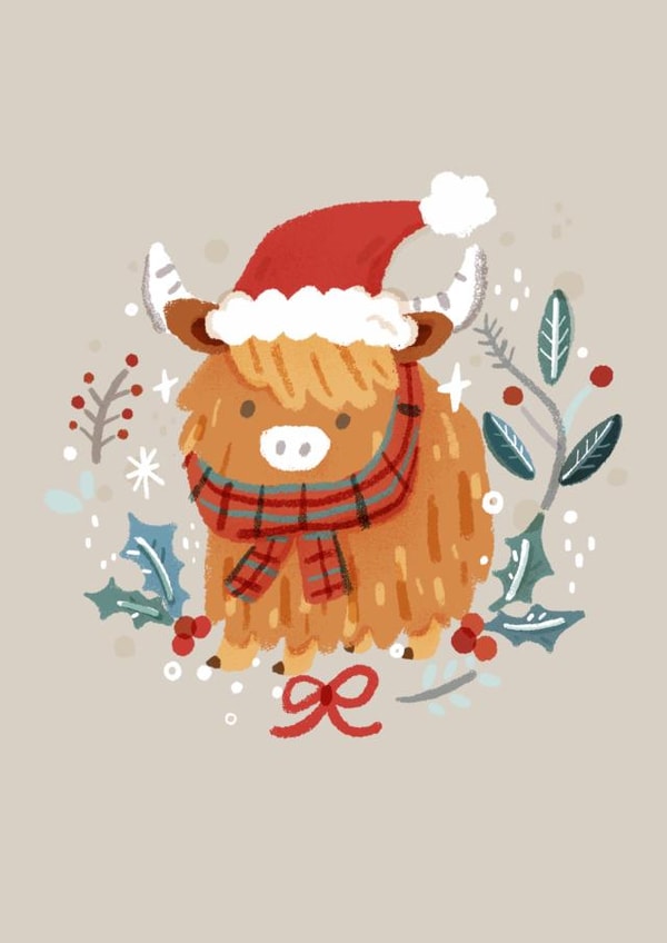 Cute Christmas Card - Wreath - Highland Cow created by Miss NoProblem
