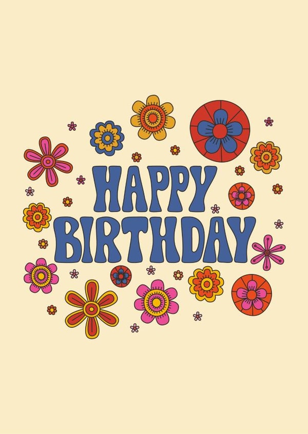 Retro Happy Birthday - 70s Typographic Flower Power Card for Vintage Lovers created by racwo_shows