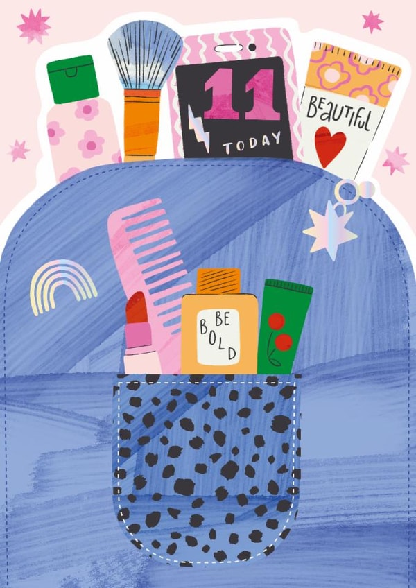 Girls 11th Birthday card - illustrated Make-up Bag created by GENINE DELAHAYE